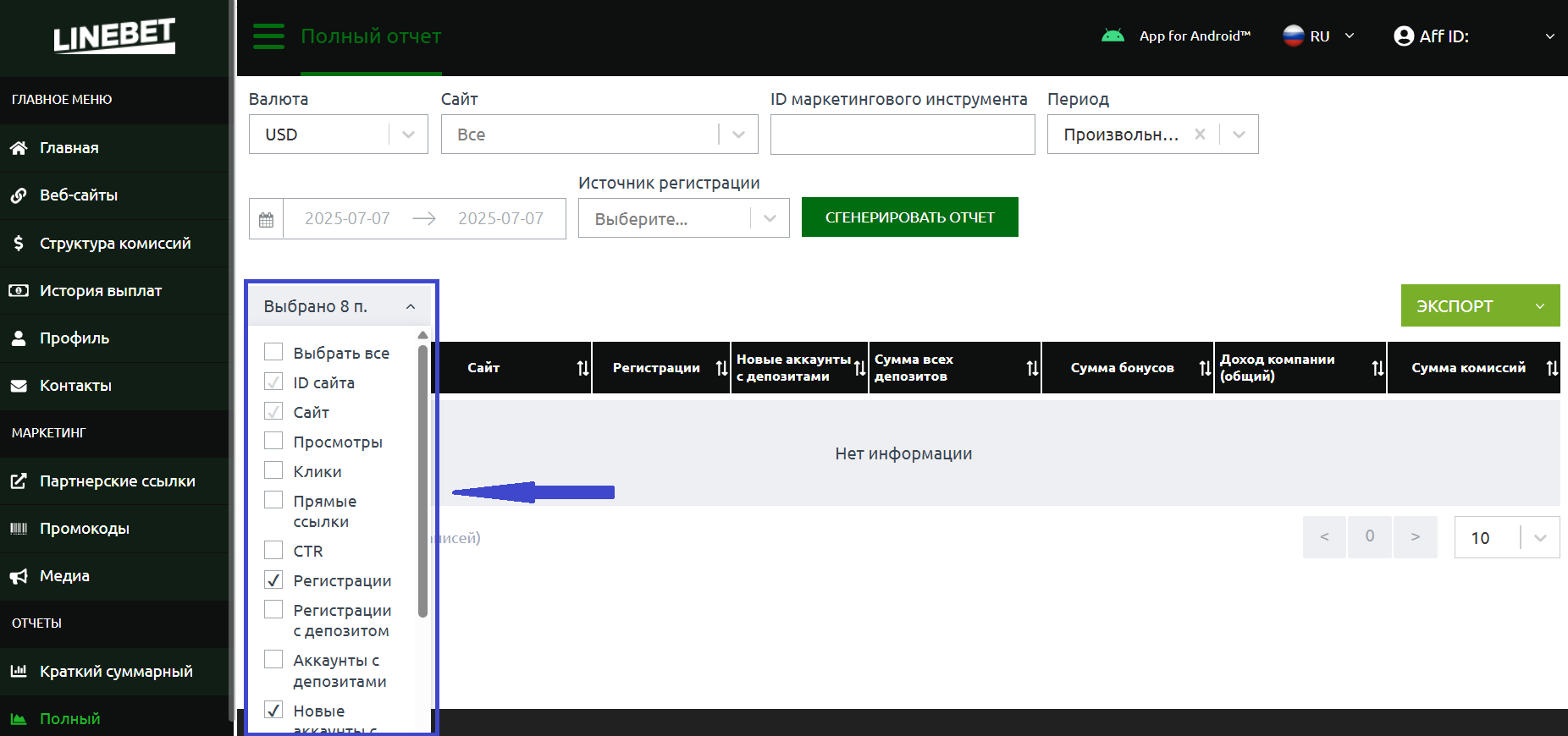 Полный отчет 2 Linebet